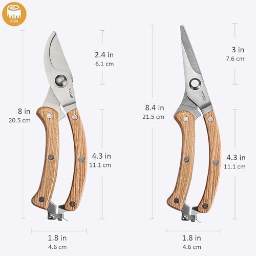 BUGUI Wood Handle Pruning Shears, SK-5 Steel Blade, 1-inch Cutting Capacity, Sharp, Well Designed Garden Shears, 8"