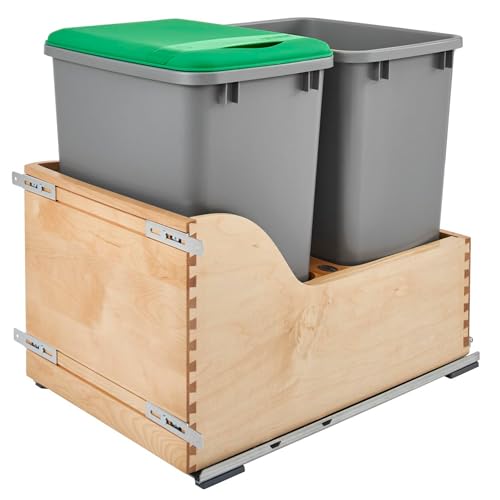 Rev-A-Shelf Pullout Trash Cans for Kitchen Cabinet, Dual 35 Qt Bins with 15" Wood Frame - Large Garbage Bin Containers for Home Waste Storage and Recycling | w/ Soft Close, Under Cabinet Waste/ Recycling Bin, Maple Wood Bottom Mount w/Full Extension Ball…