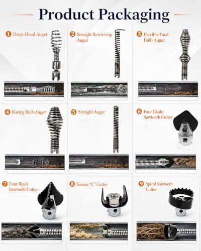 10PCS K-400 Drain Snake Drill Attachment Kit - 5/8 Inch Auger Cutter Heads & Spiral Tips Set for K-400 C-4/C-6/C-7/C-8/C-9