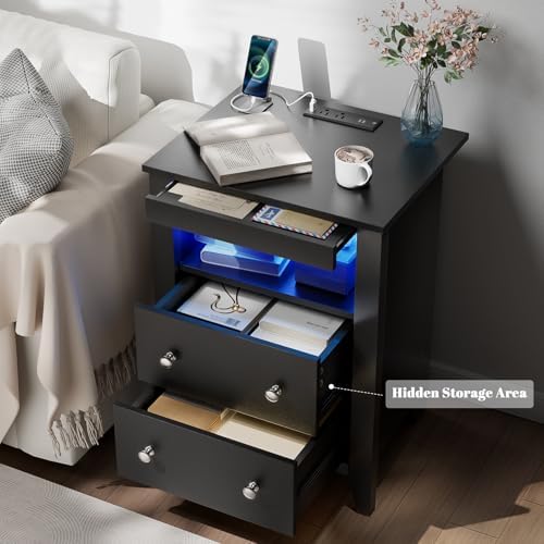 Black Nightstand with Gun Drawer, Night Stand with Charging Station & LED Lights, Bedside Table with Tray & 2 Drawers, End Side Table with Hidden Compartment for Valuables Storage