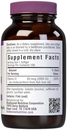 BlueBonnet Nutrition Vitamin D3 2000 IU, 100 Softgels | Strong Bones & Immune Support; Non-GMO