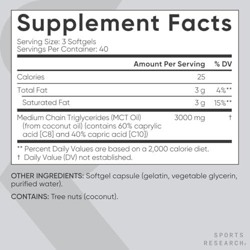 Sports Research® Coconut MCT Oil 3000mg, 120 Softgels | Coconut Derived C8 & C10 Medium Chain Fatty Acids (MCT'S) | Travel-Friendly Softgels, Keto, Paleo, & Gluten-Free
