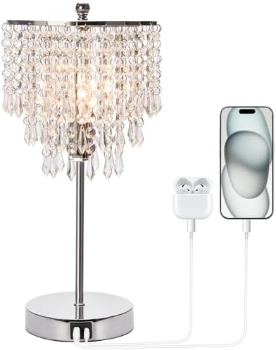 Touch Control Crystal Table Lamp with USB C+A Charging Ports, 3-Way Dimmable Bedside Touch Lamp Decorative Nightstand Lamp with Elegant Lampshade for Living Room Bedroom, B11 LED Bulb Included