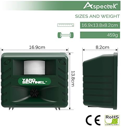 ASPECTEK Yard Sentinel Ultrasonic Animal Repeller with Strobe Light, 3 Mode Protection, Motion Sensor, Deterrent for Deer, Raccoons, Squirrels and Opossums AC and Battery Powered - 1 Pack