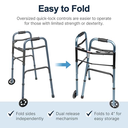 Lumex ColorSelect Walkers for Seniors, Rolling & Folding Adult Walker with Wheels, Pink