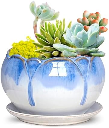 Dahlia 8.3'' Inch Large Shallow Drip Glazed Ceramic Planter/Succulent Pot/Plant Pot, Green