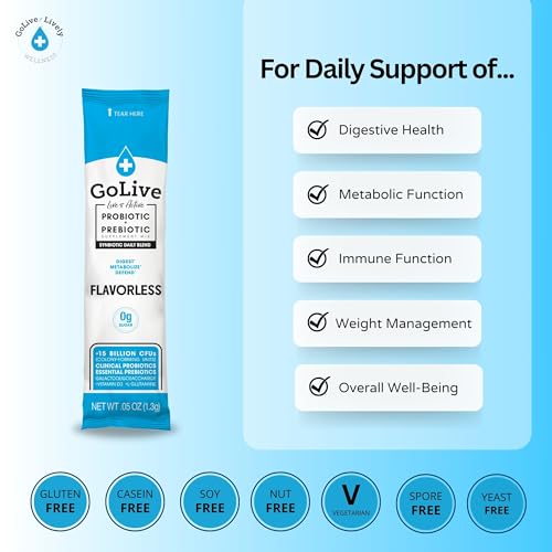 GoLive Prebiotic & Probiotic for Women, Men, Kids. Flavor-Free, Sugar-Free, Synbiotic Powder w/ GOS, L-Glutamine, Vitamin D3, Electrolytes. For Gut Health, Digestion, Metabolism, Immunity 15-50B CFUs. | Flavor-Free, Sugar-Free, All-Natural Ingredients, C…