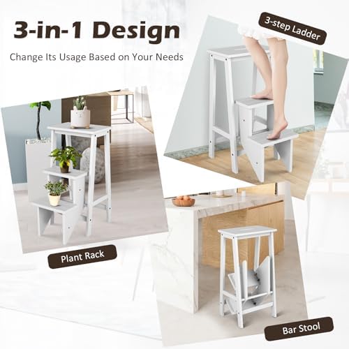 Costzon Folding 3 Step Stool, 3 in 1 Wooden Step Ladder with Handle, Non-Slip Pedal, Multifunctional Storage Shelf, Flower Rack for Kitchen, Library, Garage, Foldable Step Stool for Adults Kids