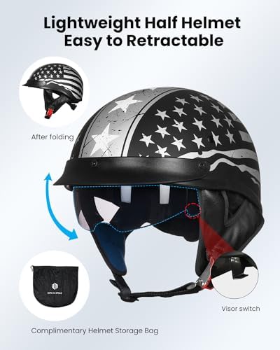 ILM Half Helmet Motorcycle Open Face Sun Visor Quick Release Buckle DOT Approved Cycling Motocross Suits Men Women 205V (M, Matt Black)