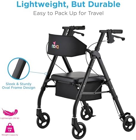 NOVA Star 6 Foldable Rollator Walker for Seniors, Wide Padded Backrest with Seat, 6” All-Terrain Wheels, Easy-Grip Locking Hand Brakes, Height Adjustable, Blue