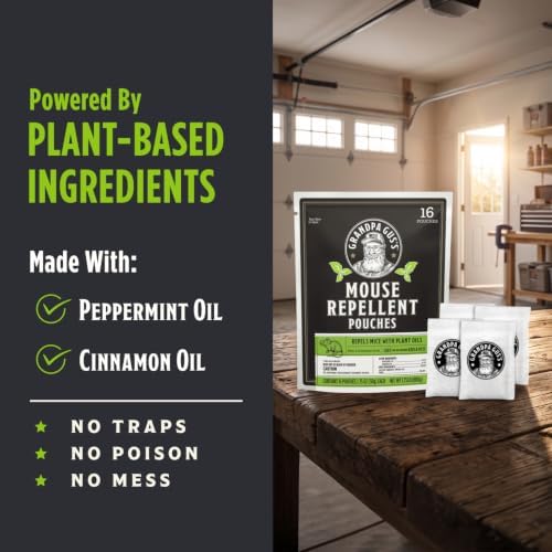 Grandpa Gus's Mouse Repellent Pouches, Natural Peppermint Oil, 4 Pouches | Cinnamon & Peppermint Oil Helps Repel Mice from Nesting in Home/Cabin/Boat/Car Storage/RV/Machinery/Shed, Kid & Pet Safe