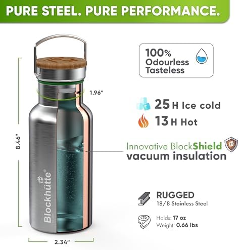 Blockhütte Vacuum Insulated Stainless Steel Water Bottle - 17 oz I Wide Mouth Metal Bottle for hot and cold drinks I BPA-Free I perfect for Travel