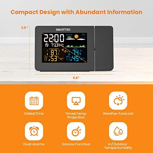 SC91 Projection Alarm Clock for Bedrooms with Weather Station | Wireless Indoor Outdoor Thermometer, Temperature Humidity Monitor Gauge Hygrometer