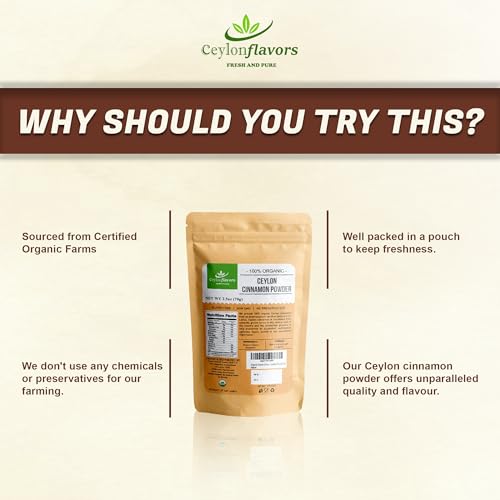 Ceylon Flavors Fresh and Pure USDA Certified Organic Ceylon Cinnamon Powder Premium Grade 2.5oz (70g)