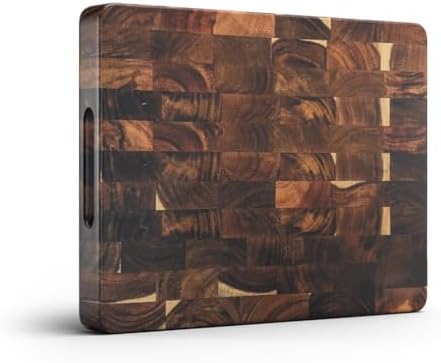 Extra-Large Acacia Wood Cutting Board with Built-In Handles – Checkered End-Grain Butcher Block, Reversible Chopping Board for Meat