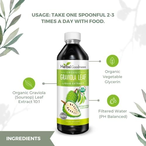 Herbal Goodness Soursop Graviola Liquid Drops Extract, Bitters 12Fl Oz | 15X Strength Organic Guanábana Hoja, Soursop Leaves Extract for Gut Health, Cell & Immune Support, Vegan, Non-GMO