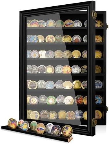 ASmileIndeep 7 Rows Military Challenge Coin Holder Display Cabinet Wall Mount with HD Tempered Glass, Holds 100 Coins, Wooden Medal Display Case Shadow Box with Removable Shelves, Mahogany