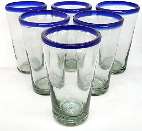 Cobalt Blue Rim 16 oz Pint Glasses (set of 6), Recycled Glass, Lead-free, Toxin-Free (16oz Pint)