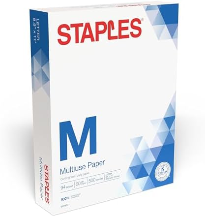 Staples Multipurpose Copy Paper, 8.5x11, 20lb, 94 Bright, 10 Reams/Carton | 5,000 white sheets total. Smooth finish reduces jams in copiers, laser & inkjet printers.