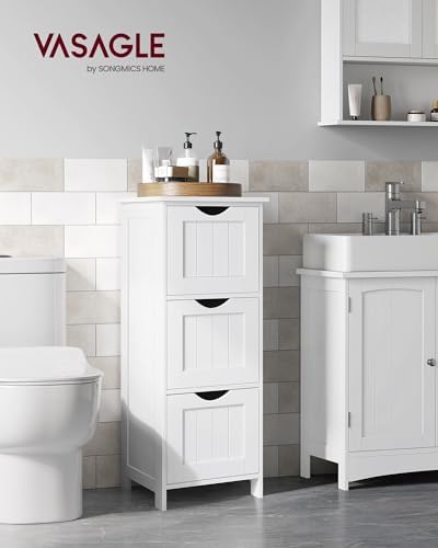 VASAGLE Floor Storage Cabinet, Freestanding Storage Organizer with 4 Drawers, 11.8 x 11.8 x 32.3 Inches, for Living Room, Bathroom, Dining Room, Kitchen, Modern Style, Cloud White ULHC040WH01S