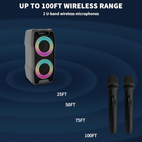 VeGue Karaoke Machine, Wireless Bluetooth PA System for Adults & Kids with Dual 8'' Subwoofers, 2 UHF Wireless Mics, Colorful LED Lights
