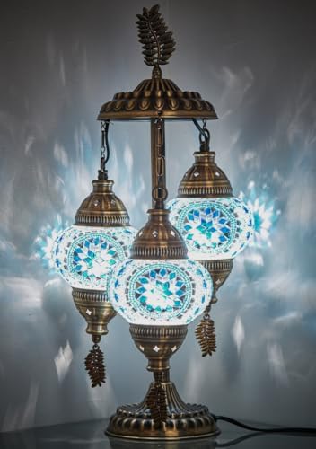 DEMMEX 3-Globe Turkish Moroccan Table Lamp, Tiffany Mosaic Glass Bedside Night Light, Handmade Colorful Mosaic Glass Globes & Antique Brass Finish Base, 21" H, Multicolor