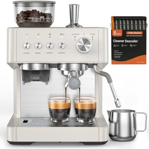 (2026 Upgrade) Espresso Machine with Grinder, 15 Bar Expresso Coffee Machines, Professional Coffee Maker for Latte&Cappuccino with Milk Frother, Expresso Machines for Home Descaling Kit Included White