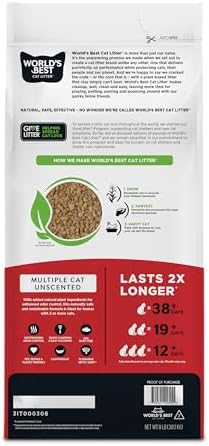 World's Best Cat Litter, Multiple Cat, Unscented, Lasts 2X Longer, 8 lb Bag | Controls tough multi-cat odors and lasts 2x longer; natural corn litter, quick clumping, flushable, 99% dust free