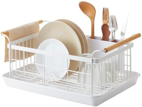 YAMAZAKI Home Dish Drying Rack – Modern White Dish Rack for Kitchen Counter with Removable Drying Tray and Cutlery Holder, Steel + Wood Dish Drying Organizer - Steel + Wood - | Modern dish drying rack organizer with steel and wood construction. Small spa…