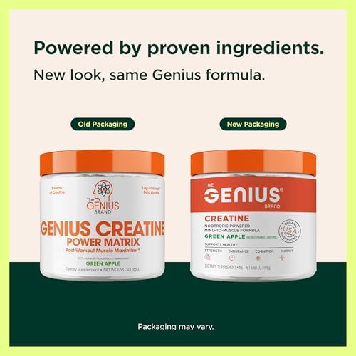 Genius Creatine Powder, Sour Apple, 25 Servings | Ultra-Pure Creatine Monohydrate with Beta-Alanine and Nootropics for Strength, Muscle and Performance Support