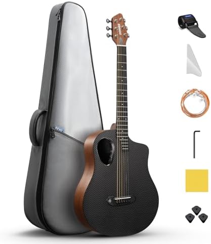 Donner Carbon Wood Acoustic Electric Guitar Bundle for Beginner Intermediate with Built-in Pickups, 38 Inch, RISING-G2 (Wine Red)