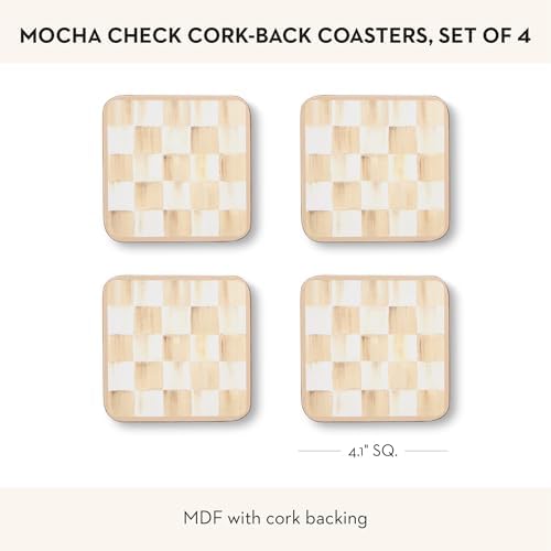 MACKENZIE-CHILDS Square Coasters Set, Black-and-White Courtly Check | Hand-painted design, made from MDF with a cork back, table coasters for drinks, 4" square, set of 4