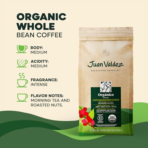 Juan Valdez Organic Whole Bean Coffee - Balanced Roast | 100% Colombian Arabica Beans | 100% Colombian Coffee - Balanced Profile with Moringa &