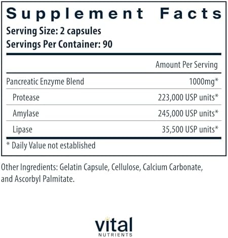 Vital Nutrients Pancreatic Enzymes 1000mg (Full Strength) - Pancreatin Digestion Supplement with Protease, Amylase & Lipase - Digestive Enzymes - Gluten, Dairy, and Soy Free - 90 Capsules
