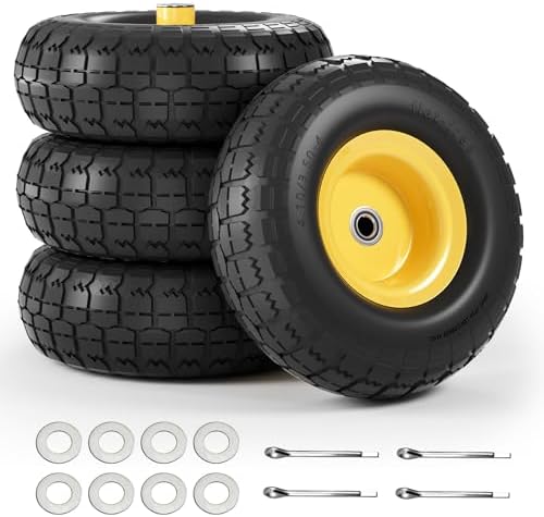 【UPGRADED】4.10/3.50-4 Tire and Wheel Flat Free, 10 Inch Solid Rubber Tire with 5/8”Axle Bore Hole and Double Sealed Bearings