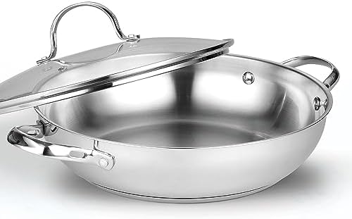 Cooks Standard Classic 12-Inch Stainless Steel Wok Stir Fry Pan with Glass Lid, 30cm Everyday Chef's Pan with Two Side Handles, Induction Compatible Cookware, Dishwasher & Oven Safe