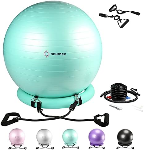 Yoga Ball Chair with 65cm Exercise Ball & 2 Resistance Bands, Stability Base for Home Office, Yoga, Pilates & Fitness, Balance Ball for Posture