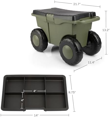 Rolling Garden Cart with Seat - Plastic Storage with Bench and Interior Tool Tray - Gardening Stool for Weeding and Planting By Pure Garden (Green) | Plastic Storage with Bench and Interior Tool Tray - Gardening Stool for Weeding and Planting