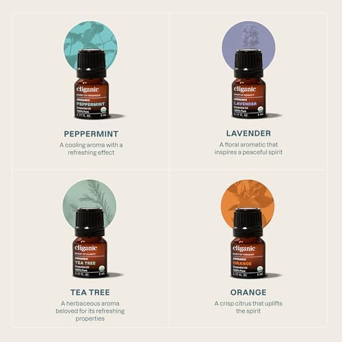 Cliganic Organic Essential Oils Set (Top 5 - The Classics) - 100% Pure Natural - Aromatherapy, Candle Making - Peppermint, Lavender, Eucalyptus