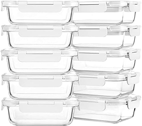 M MCIRCO 10 Pack,22 oz Glass Food Storage Containers with lids, Gray | Glass Meal Prep Containers,Airtight Lunch Containers with Lids, Microwave, Oven, Freezer and Dishwasher Friendly, BPA Free