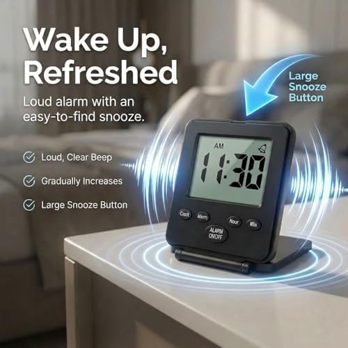 Digital Travel Alarm Clock - No Bells, No Whistles, Simple Basic Operation, Loud Alarm, Snooze, Small and Light, ON/Off Switch, 2 AAA Battery Powered
