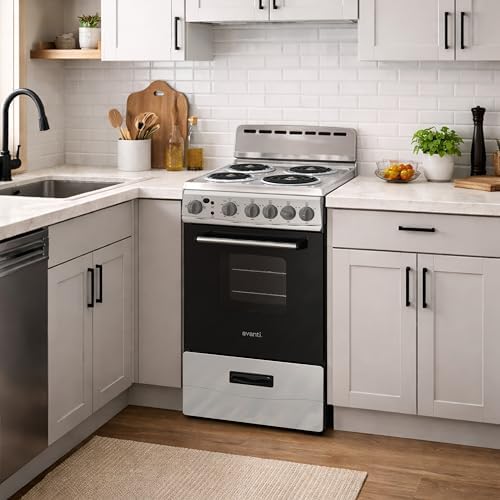Avanti Electric Range Oven Compact Design, 2.1-Cu.Ft. Capacity with 4 Coil Burners, Framed Glass Oven Door, Storage Drawer and Broiler with Pan, 20-Inch, White