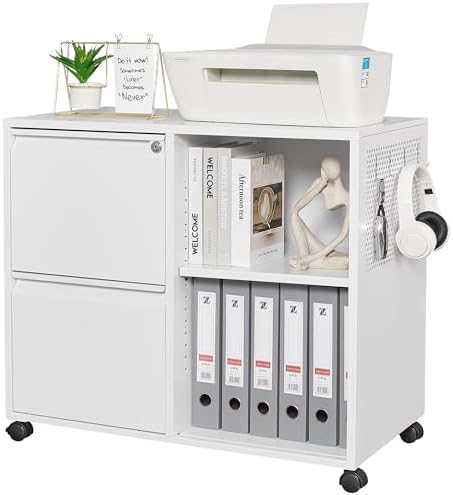 Mobile 3 Drawer File Cabinet with Lock-Metal Lateral Rolling Printer Stand Filing Cabinets for Home Office-Storage A4/F4/Letter (White)