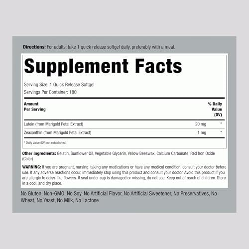 Piping Rock Lutein and Zeaxanthin Supplement | 20mg | 180 Softgels | from Marigold Extract | Non-GMO, Gluten Free