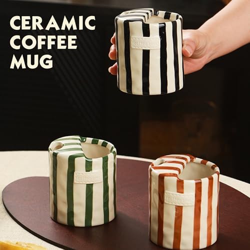 Ceramic Coffee Mugs 10 oz Retro Striped Coffee Mug No Handle with Straw | Porcelain Coffee Cups Hand-Painted Striped Art