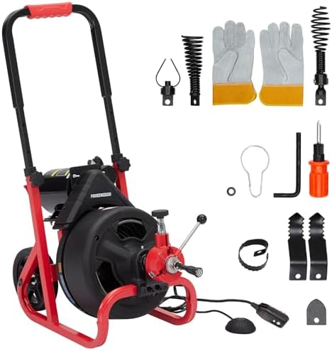 100Ft x 3/8 Inch Drain Cleaner Machine, 370w Electric Drain Auger Machine with Auto-Feed & 6 Cutters, Sewer Snake Auger with Wheels