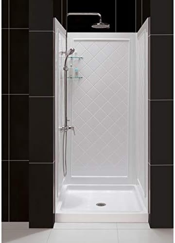 DreamLine 32 in. D x 32 in. W x 76 3/4 in. H Center Drain Acrylic Shower Base and QWALL-5 Backwall Kit In White, DL-6195C-01
