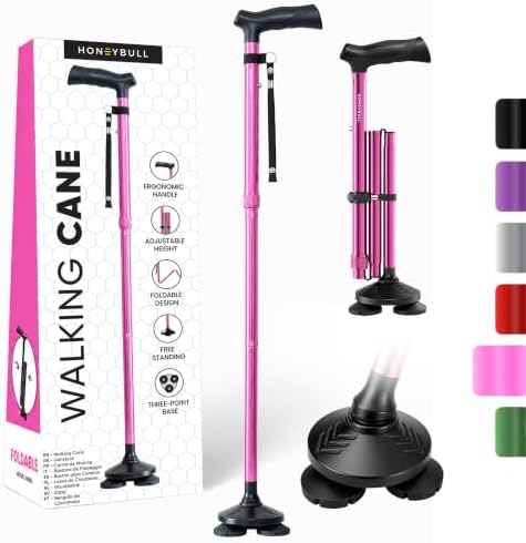 HONEYBULL Walking Cane for Men & Women, Foldable Free Standing Cane | Adjustable height, collapsible design, heavy-duty, pivot base for stable support, ergonomic handle