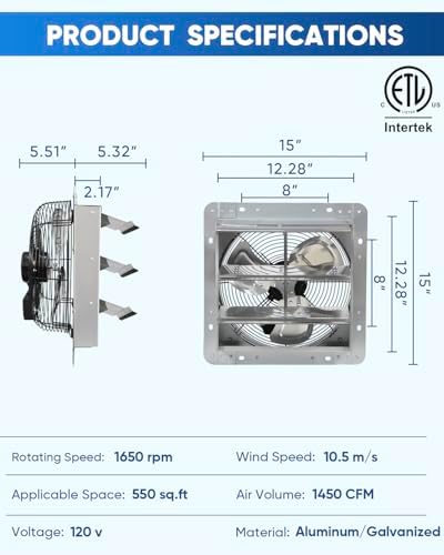 KEN BROWN 12 Inch Shutter Exhaust Fan Wall Mounted, Aluminum with 1.65 Meters Power Cord Kit, High Speed 1450CFM, Vent fan for Commercial, Greenhouse