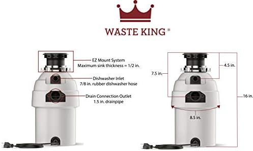 Waste King Legend Series 1 HP Continuous Feed Garbage Disposal with Power Cord - (L-8000) & 1025 EZ Mount Garbage Disposal Stopper and Splash Guard